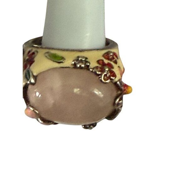 David Sigal Enamel & Sterling Silver Ring Floral Design & Pink Gemstone Size 6 - Picture 2 of 6